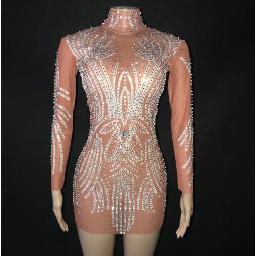 Silver Rhinestone Transparent Dress Prom Birthday Celebrate Evening Outfit Women Dance Performance Flashing Short Dress