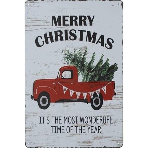 Merry Christmas Trees Funny Truck Retro Vintage Bar Metal Tin Sign Poster Style Wall Art Pub Bar Decor Coffee Cup Signs