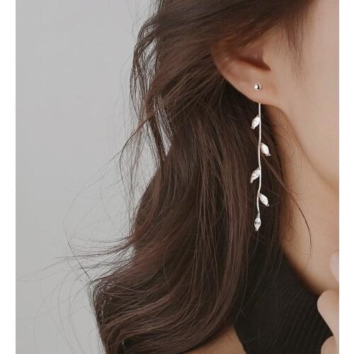 Crystal Silver Color Leaf Needle Willow Earrings Female Fashion Jewelry Temperament Simple Long Tassel Earrings for Women Gifts