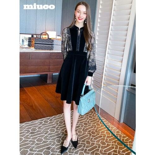 Stand up collar, plate button, bead lace, stitching velvet, high waist umbrella dress 2021 Spring new High Quality Top Quality