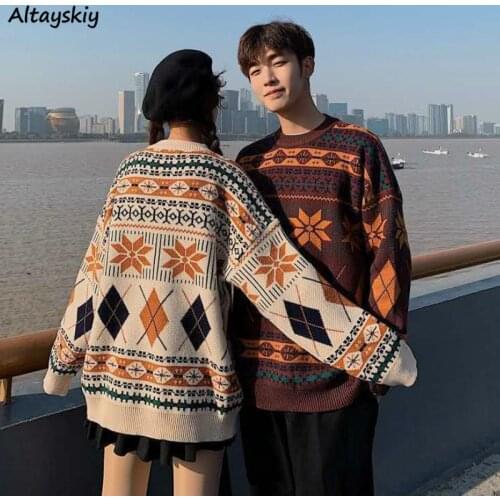 Sweaters Women Christmas Warm Knitted Long Sleeve Autumn New Pullovers Couple Chic Patchwork O-Neck College Japanese Style Ins