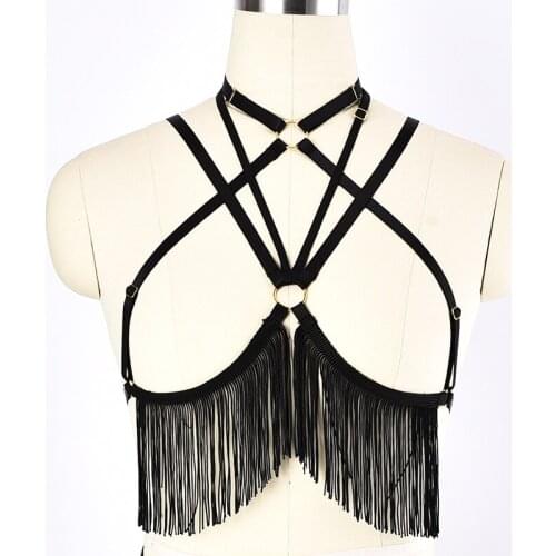 Gothic Black Tassel Crop Top Body Harness Women Fetish Wear Body Harness Harajuku Body cage Bra Lingerie bondage harness Bra