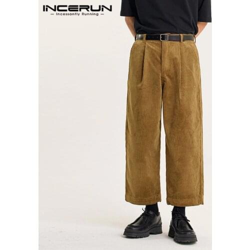 Vintage Solid Color Men Pants INCERUN 2021 Spring Leisure Corduroy Trousers Casual Zipper Loose Straight Bottoms Streetwear 5XL