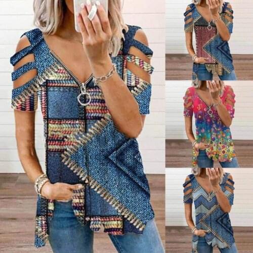 Women V Neck Print Short Tee Shirt Sleeve Hollow Zipper Loose Top Pullover for Travel