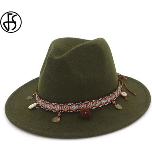 FS Vintage Army Green Wool Panama Sombrero Cap For Women Men National Style Winter Warm Gentleman Hat Wide Brim Felt Jazz Hat