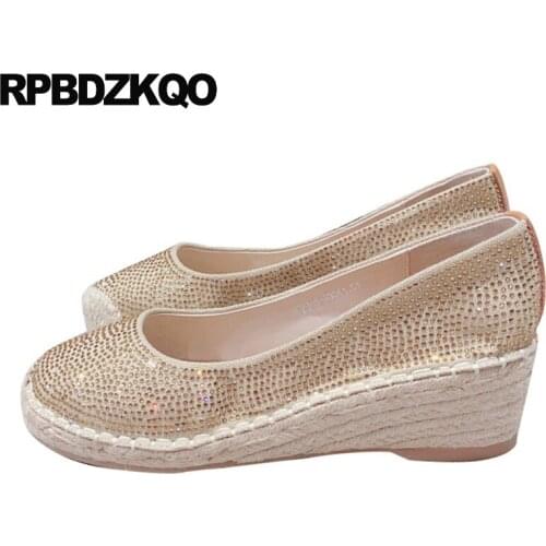 Crystal Canvas Medium Heels Round Toe Black Golden Gold Pumps Shoes Wedge Rhinestone Bridal Size 4 34 Diamond Espadrilles Women