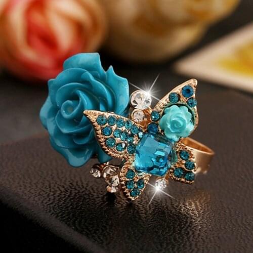 Bohemian Retro Crystal Rose Flower Gold-Color Adjustable Women Wedding Fashion Statement Finger Rings