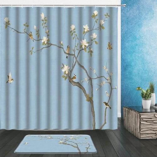 2pcs Chinese Style Scenery Shower Curtains Classic Painting Flower Bird Landscape Pattern Bath Decor Curtain With Flannel Mat