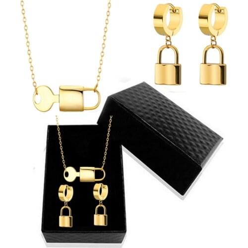 316L Stainless Steel Key Lock Necklace and Earring Set Gold Simple O-Chain Non-Fading Jewelry Set NO Fade