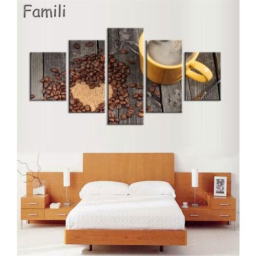Hot 5PCS Sweet Loving Coffee Canvas Painting Poster Wall Pictures For Living Room Kitchen Decoration Printed On Canvas Unframed