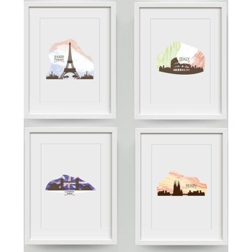 Watercolor City Landmark Building Art Prints Wall Pictures , Italy London Spain Paris City Skyline Canvas Painting Poster