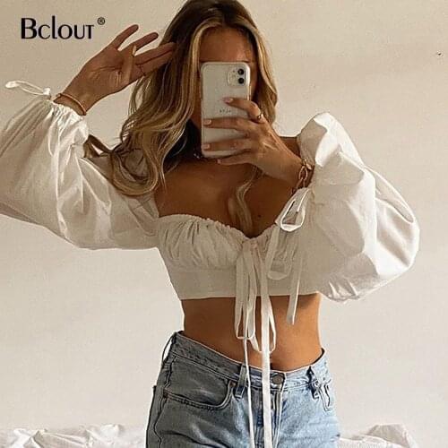 Bclout Lace Up Sexy White Shirt Women Autumn Crop Top Pleated Casual Blouse Elegant Long Sleeve Tops Mujer Square Collar Female