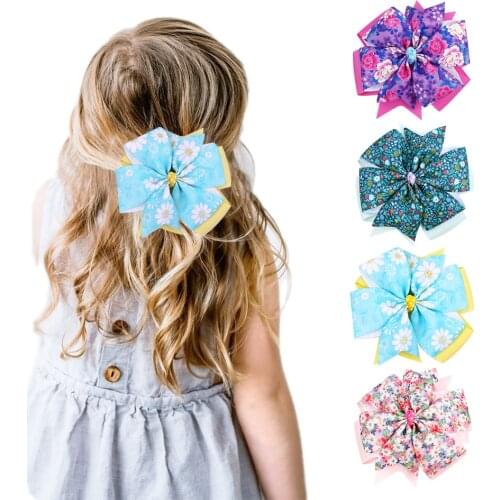 4.6'' Easter Hair Clip Girl Double Windmill Sweetheart Knot Color Printing Ribbon Knot Children Hairpin Hair Accessories