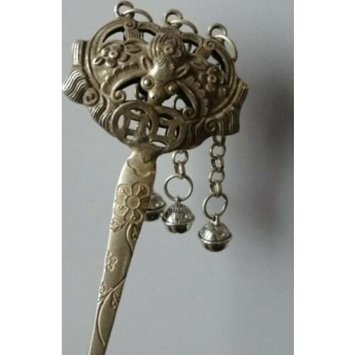 Chinese old Tibet silver Gemstone inlay Carving bat Hairpin