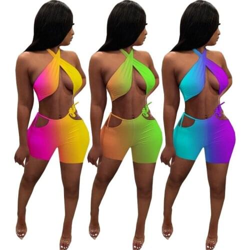 Adogirl Gradient Color 2 Piece Set Halter Crop Top + Hollow Out Biker Shorts Sexy Club Party Short Matching Set 2021 SummerSuit