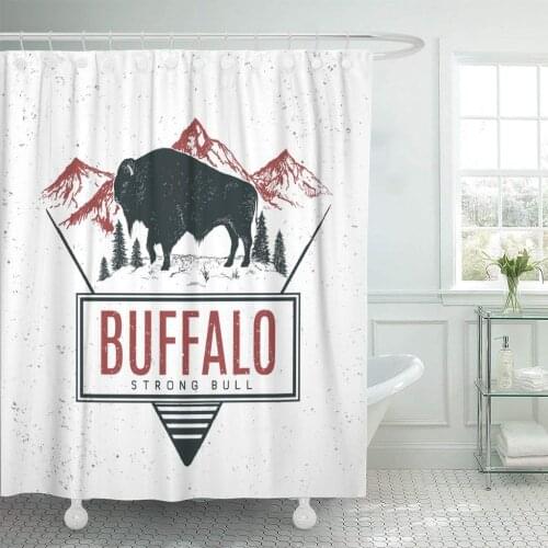 Brown Old Retro Bull Buffalo on Mountains Vintage Label Shower Curtain Waterproof Polyester Fabric 72 x 72 Inches Set with Hooks