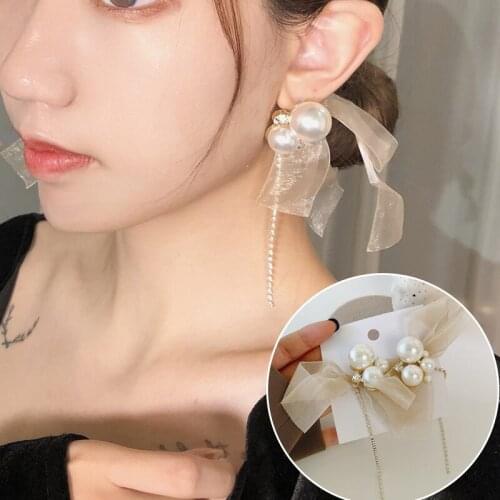 Lace Bowknot Pearl Earrings For Women Korean Long Tassel Dangle Drop Earrings Hanging Girl Earrings Summer Jewelry Party Gift