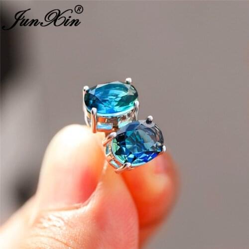 Minimalist Mystic Fire Crystal Oval Stud Earrings For Women White Gold Rose Gold Colorful Blue Green Zircon Wedding Earrings CZ