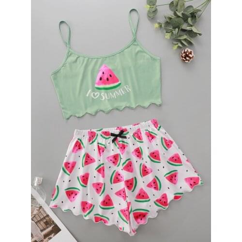 Fashion Lady’s I Love Summer Cartoon Watermelon Print Camisole With Shorts Pajama Set Comfort Home Wear Sleepwear Underwear