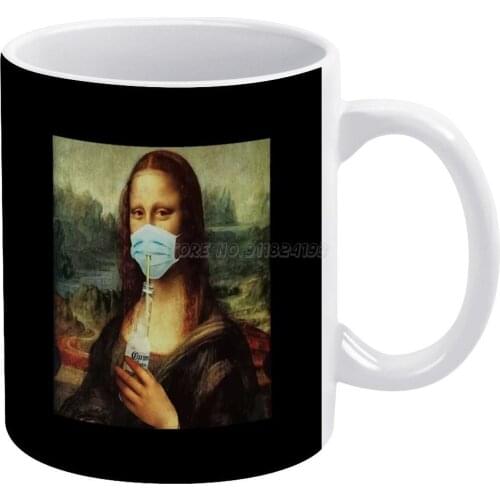 Mona Lisa Drunk with Mask White Mug White Ceramic Tea Cup Birthday Gift Milk Cups and Mugs Curb The Portrait of Lisa Wife of Fra