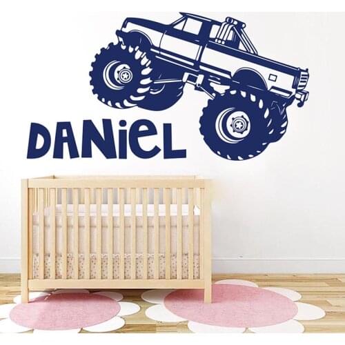 Cartoon Custom Name Monster Truck Car Wall Sticker Boy Room Playroom Personalized Name Monster Car Vehicle Wall Decal Bedroom