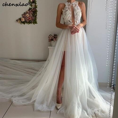 Noiva New Summer Beach Wedding Dresses A-Line Sleeveless Lace Appliques Court Train Bridal Gowns Wedding Dress