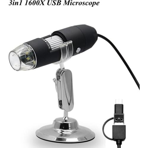 3in1 2MP 1080P 1600X Zoom USB Microscope For PC/Micro-usb/Type-C Portable Handheld Endoscope