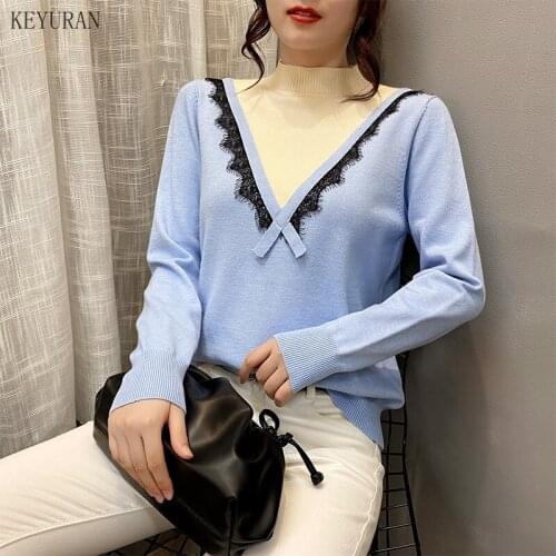 Plus Size Patchwork Lace Sweater Women Autumn Half Turtleneck Long Sleeve Loose Pull Femme Pullover Knit Bottoming Shirt Tops
