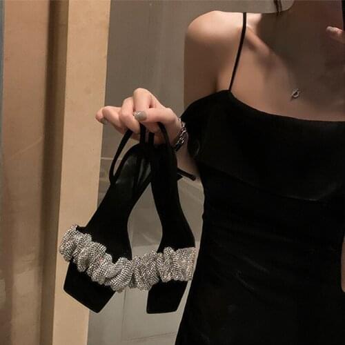 Size 40 Summer Women High Heels Sandals Square Toe Bling Rhinestone Sexy Party Wedding Shoes High Quality Ladies Shoes Luxury