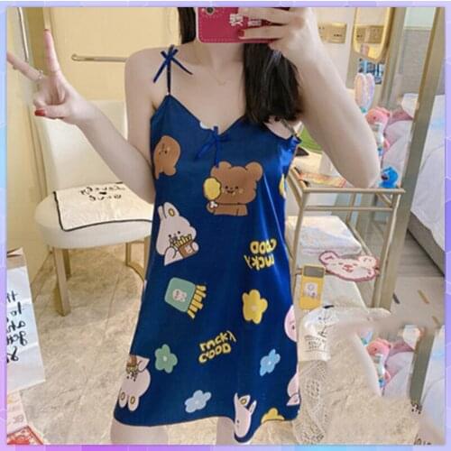 Sexy Ice Silk Nightdress Women Sweet Cute Cartoon Night Dress Female Students Bow Sleepwear Summer Casual Loose Dresses Nightie