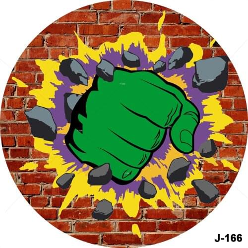 Super Hero Photography Round Backdrop Boy Birthday Green Man Cartoon Photo Background Circle Cover Fist Brick Wall Photo Booth