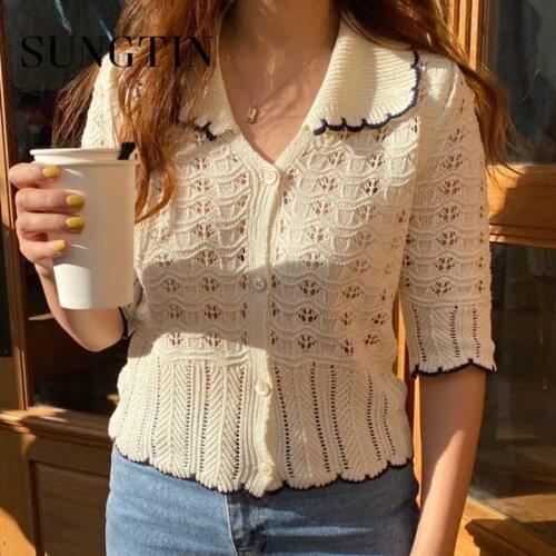 Sungtin Cropped Knitted Hollow Out Short Cardigan Women Korean Vintage Thin Sweaters Casual Jumpers Sweet Cute Single Breasted
