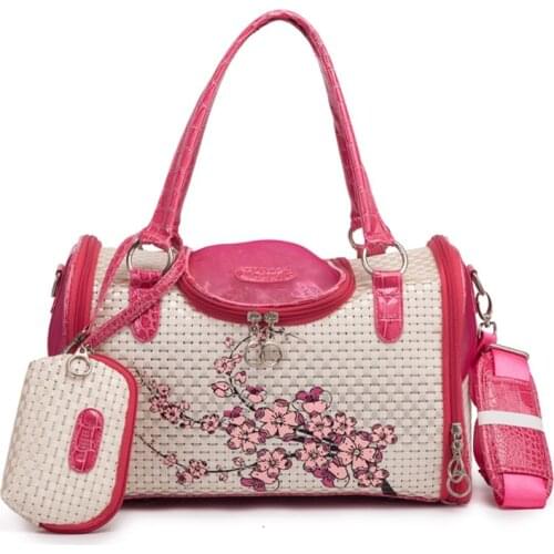 Vintage Carrying For Cat Black Pink Weave Summer Puppies Small Animals Pet Dog Travel Transportation Carrier Handbag Supplies