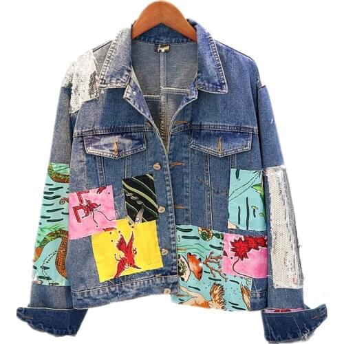 2020 Spring Autumn Womens Denim Jacket Sequins Overcoat Patchwork Cartoon Jeans Jacket Casual Female Loose Coat Outwear P638