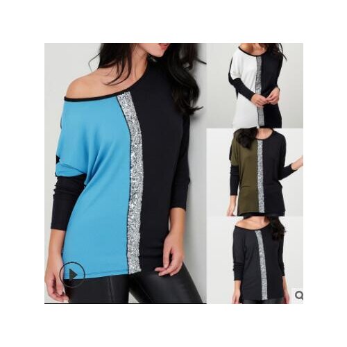 2019 womens new two-color stitching with sequins casual long-sleeved womens shirt T-shirt