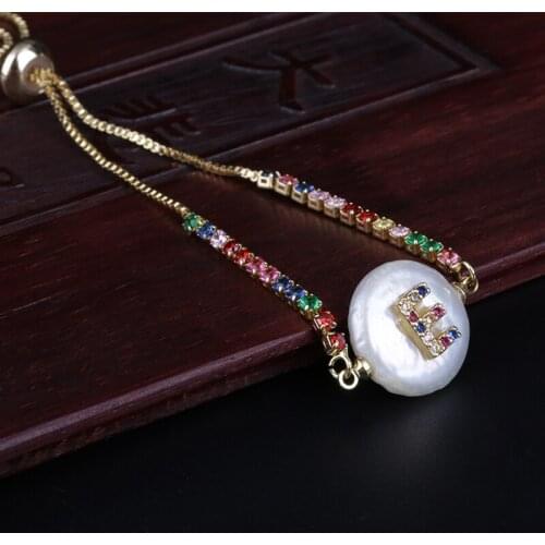 Rainbow Colors Cz Cubic Zirconia Initial E Alphabet Letter Name Natural Freshwater Pearl Gold Rainbow BraceletS For Women Girl