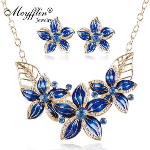 Female Enamel Flower Jewelry Sets Necklace Earrings African Maxi Statement Jewelry Wedding Bridal Pendant Dress Accessories