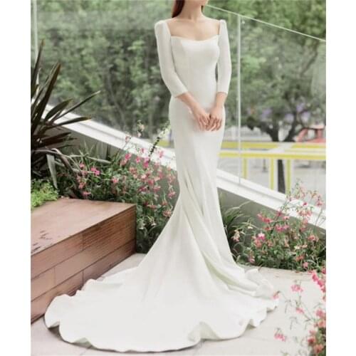 Elegant Soft Satin Sweep Train Wedding Dresses 2021 3/4 Long Sleeve Bridal Gown Sheath Wedding Gown Vestidos De Novia
