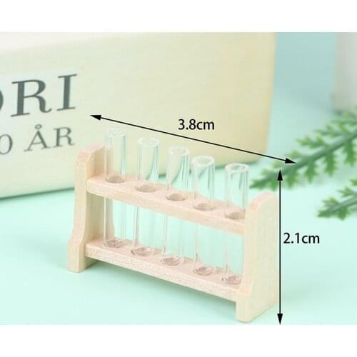 1 Set Laboratory Glass Test Tubes With Wooden Rack Set 1:12 Dollhouse Miniature Accessory Decoration Ornament