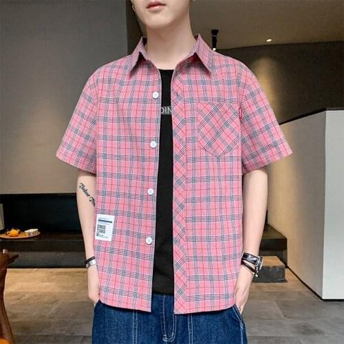 2021 New Shirt Mens Short Sleeve Checked Shirt Mens Casual Fashion Popular Logo Mens Loose Five-quarter Sleeve Top