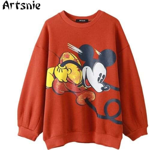 Artsnie Spring 2021 Disney Mickey Mouse Fleece Sweatshirt Women O Neck Long Sleeve Oversized Hoodies Streetwear Red Sweatshirts