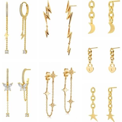 BOAKO 925 Sterling Silver White Zircon CZ Butterfly Pendant Dangle Earrings Women Star Moon Lightning Bolt Chain Drop Earring