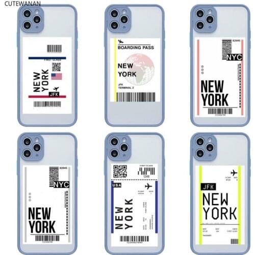 NEW YORK Travel Flight Tickets Phone Case For iphone 12 11 Pro Max Mini XS 8 7 Plus X SE 2020 Matte Transparent Light gray Cover