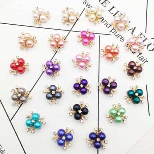 10pcs/lot 20mm*20mm Pearl Rhinestone Decorative Buttons for Craft Wedding Invitation Card DIY Girl Hair Bowknot Metal Buttons