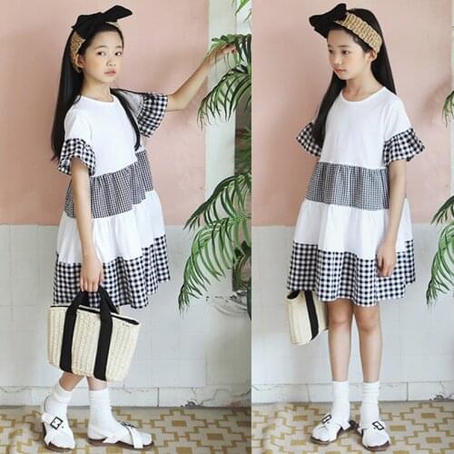 Childrens wear 2020 new summer big childrens plaid dress childrens cake dress girl clothes 14Y