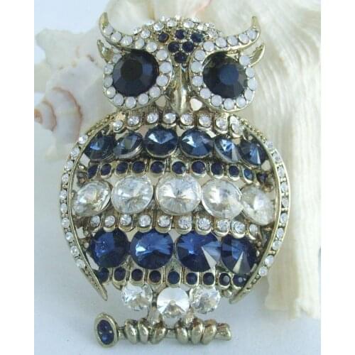 HelenaJewelry 2.56" Gold-tone Blue Rhinestone Crystal Owl Brooch Pin Pendant EE05960C7