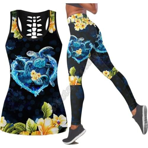 Sea turtle Polynesian 3D Printed Hollow Out Tank Legging Suit sexy Yoga Fitness Soft Legging Summer Women For Girl 13