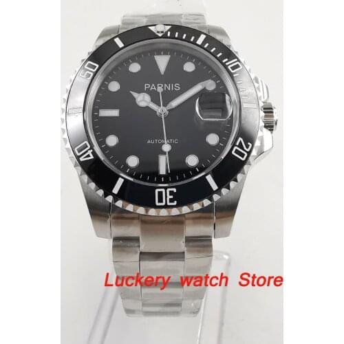 Parnis 40mm Men watch black dial luminous show Sapphire glass black ceramic bezel Automatic movement