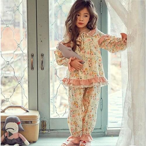 New Kid Girl Lolita Cotton Floral Pajama Sets.Vintage Toddler Kid Flowers Pyjamas Set Sleep Loungewear.Children Clothing