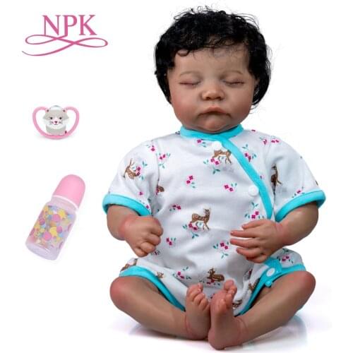 NPK 50CM Levi Soft Body Bebe Doll Reborn Baby Handmade Black Skin African American Baby Handrooted Hair with Bottle and Pacifier